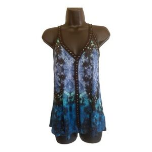 Sparkle and Fade Blue & Teal Patterned Shirt with Studded Bodice Size M